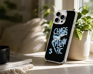 Chase Atlantic liquid chrome typography design with blue lettering on a black background phone case — Lifestyle