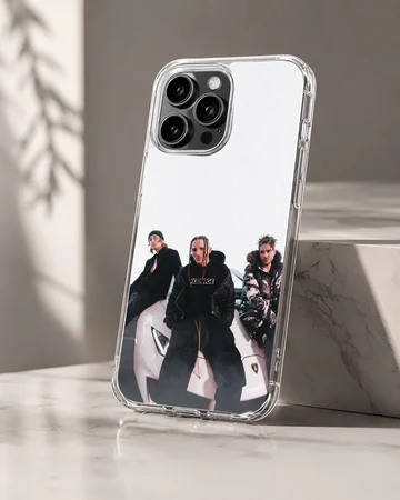 Chase Atlantic band members posing with a supercar phone case — Hero