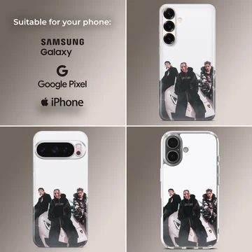 Chase Atlantic band members posing with a supercar phone case — Collage