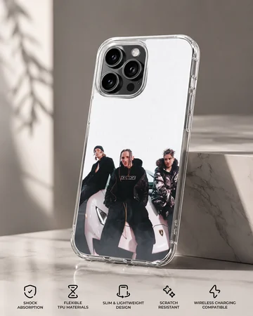 Chase Atlantic band members posing with a supercar phone case — Specs