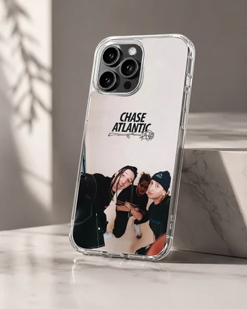 Chase Atlantic band members in a group photo with a rose logo above on a phone case — Hero