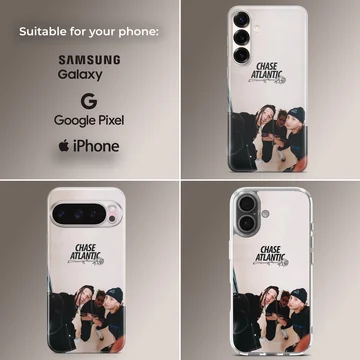 Chase Atlantic band members in a group photo with a rose logo above on a phone case — Collage