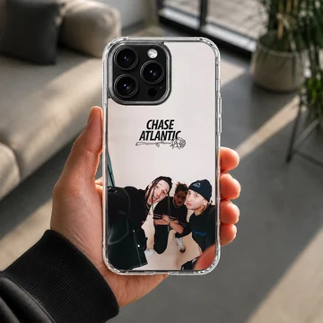 Chase Atlantic band members in a group photo with a rose logo above on a phone case — Lifestyle