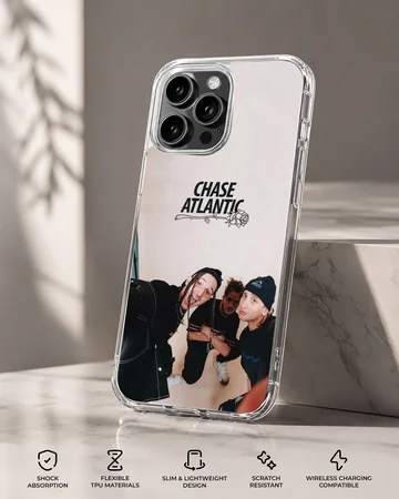 Chase Atlantic band members in a group photo with a rose logo above on a phone case — Specs