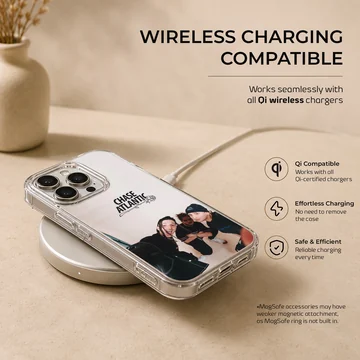 Chase Atlantic band members in a group photo with a rose logo above on a phone case — Charging