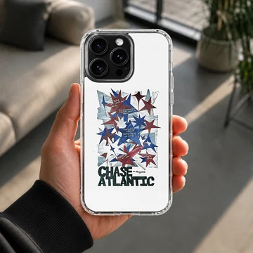 Chase Atlantic typography and multi-colored star collage phone case — Lifestyle