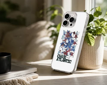 Chase Atlantic typography and multi-colored star collage phone case — Lifestyle