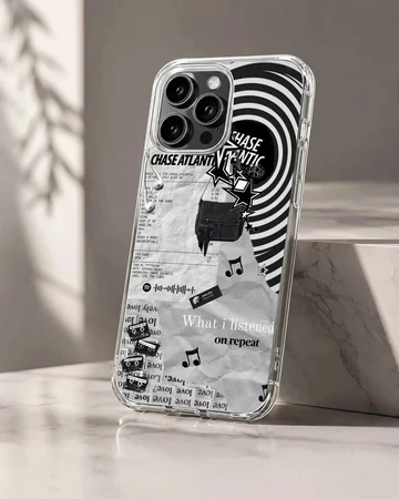 Monochrome collage artwork with swirls and text on a matte phone case