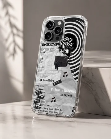 Monochrome collage artwork with swirls and text on a matte phone case — Hero