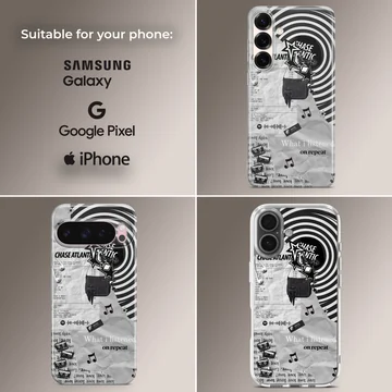 Monochrome collage artwork with swirls and text on a matte phone case — Collage