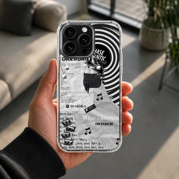 Monochrome collage artwork with swirls and text on a matte phone case — Lifestyle