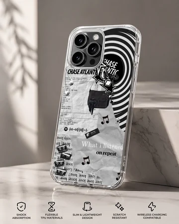 Monochrome collage artwork with swirls and text on a matte phone case — Specs