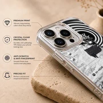 Monochrome collage artwork with swirls and text on a matte phone case — Info