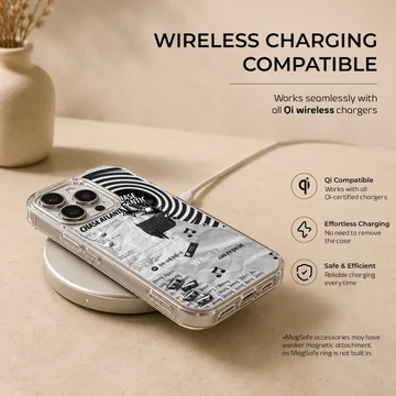Monochrome collage artwork with swirls and text on a matte phone case — Charging