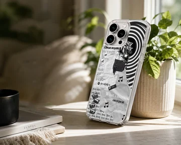Monochrome collage artwork with swirls and text on a matte phone case — Lifestyle