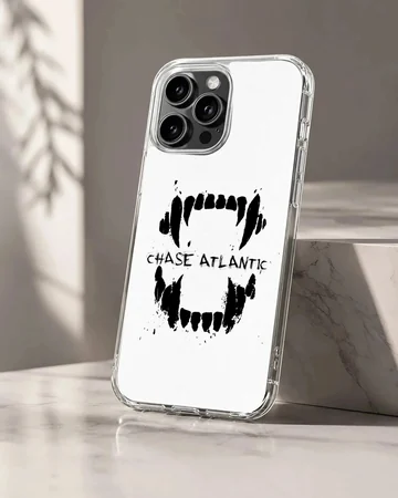 Chase Atlantic phone case featuring a bold black graphic of sharp teeth and distressed lettering on a white background