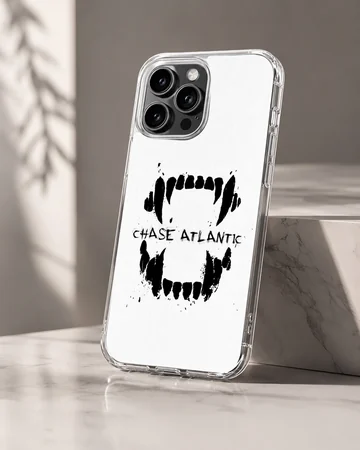 Chase Atlantic phone case featuring a bold black graphic of sharp teeth and distressed lettering on a white background — Hero