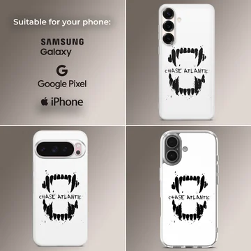 Chase Atlantic phone case featuring a bold black graphic of sharp teeth and distressed lettering on a white background — Collage