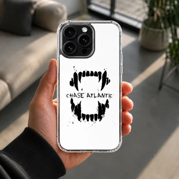 Chase Atlantic phone case featuring a bold black graphic of sharp teeth and distressed lettering on a white background — Lifestyle