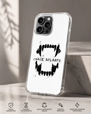 Chase Atlantic phone case featuring a bold black graphic of sharp teeth and distressed lettering on a white background — Specs