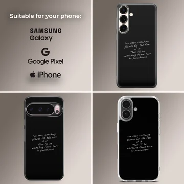 Black and white typography phone case featuring handwritten music lyrics against a solid background — Collage