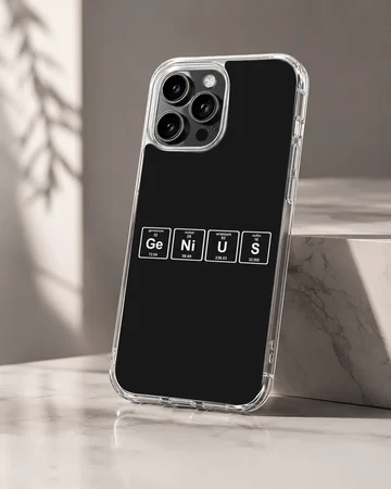 A minimalist science phone case featuring periodic table element tiles spelling out a chemistry pun against a solid dark background. — Hero