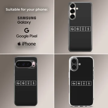 A minimalist science phone case featuring periodic table element tiles spelling out a chemistry pun against a solid dark background. — Collage