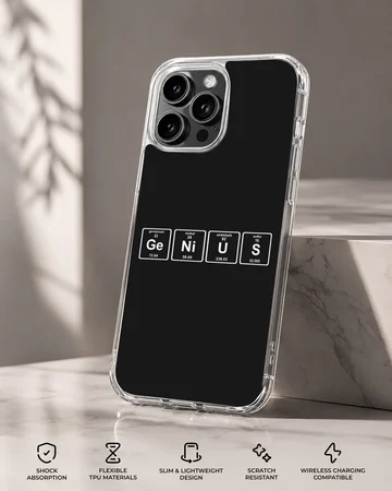 A minimalist science phone case featuring periodic table element tiles spelling out a chemistry pun against a solid dark background. — Specs