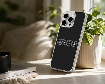 A minimalist science phone case featuring periodic table element tiles spelling out a chemistry pun against a solid dark background. — Lifestyle
