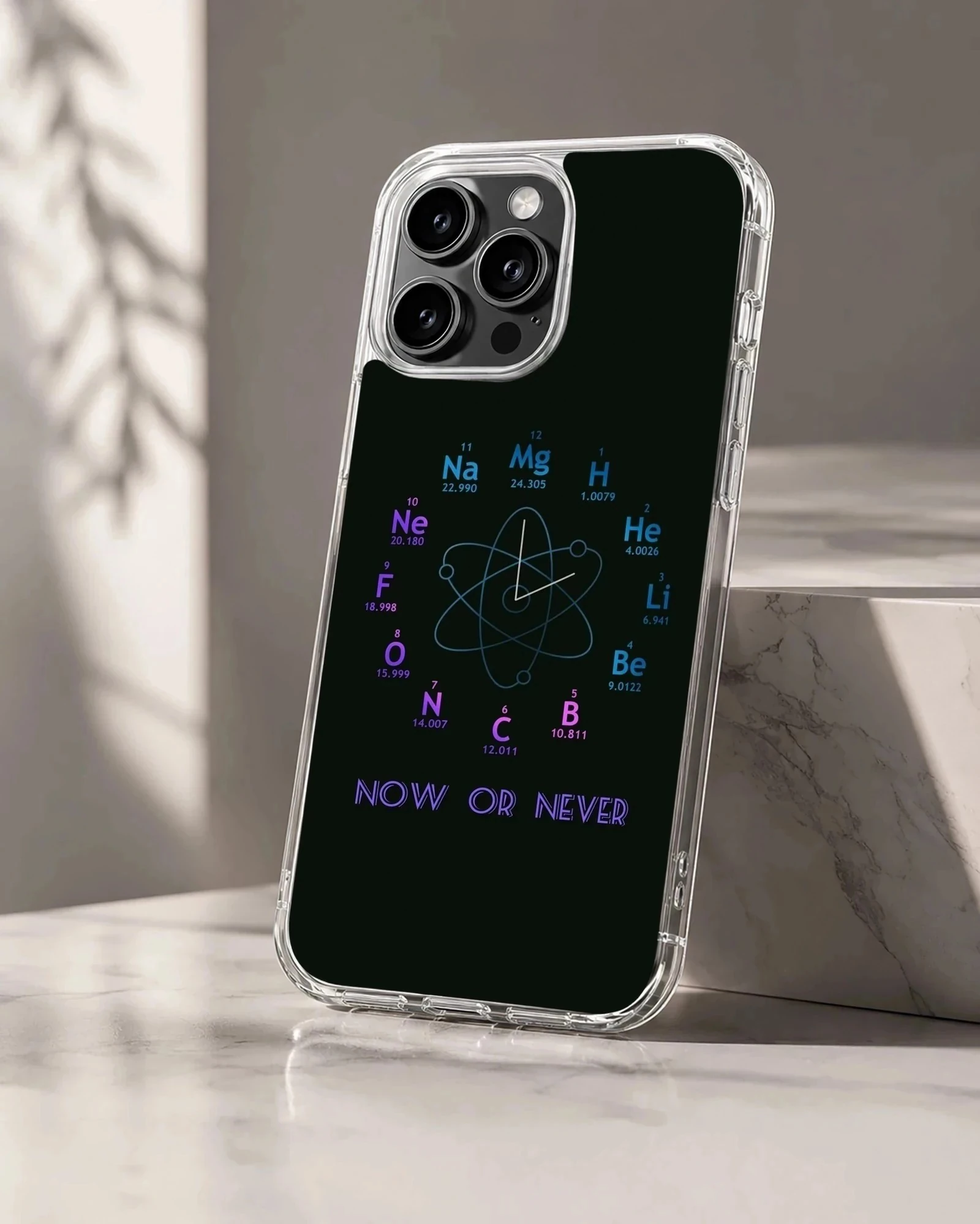 Chemistry theme science artwork with atomic clock elements on a phone case
