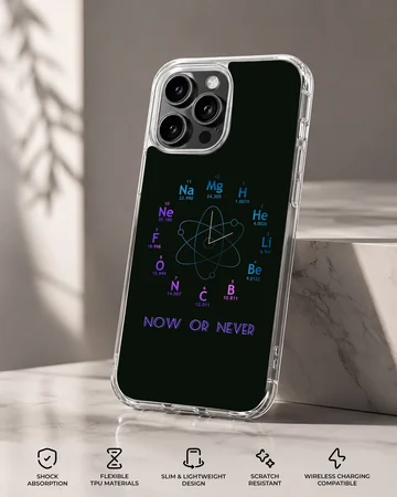 Chemistry theme science artwork with atomic clock elements on a phone case — Specs