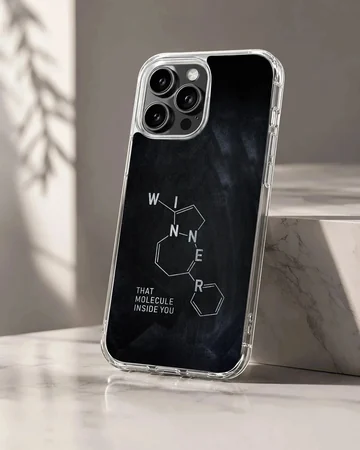 Minimalist chemistry molecule graphic on a dark matte phone case