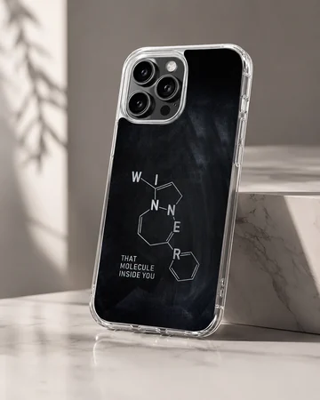 Minimalist chemistry molecule graphic on a dark matte phone case — Hero