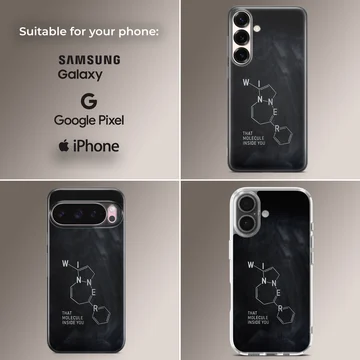 Minimalist chemistry molecule graphic on a dark matte phone case — Collage
