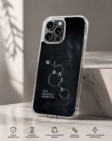 Minimalist chemistry molecule graphic on a dark matte phone case — Specs