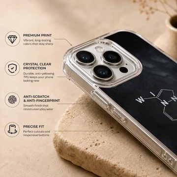 Minimalist chemistry molecule graphic on a dark matte phone case — Info
