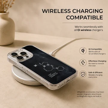 Minimalist chemistry molecule graphic on a dark matte phone case — Charging