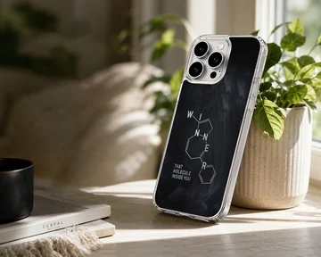 Minimalist chemistry molecule graphic on a dark matte phone case — Lifestyle