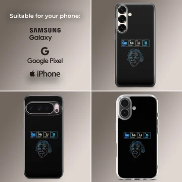 Chemistry theme genius science graphic with periodic table elements and outline portrait on a phone case — Collage