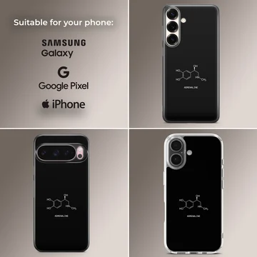 White chemical structure of adrenaline with text on a solid black background phone case — Collage
