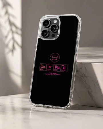 Chemistry Theme phone case featuring periodic table symbols spelling coffee in pink on black