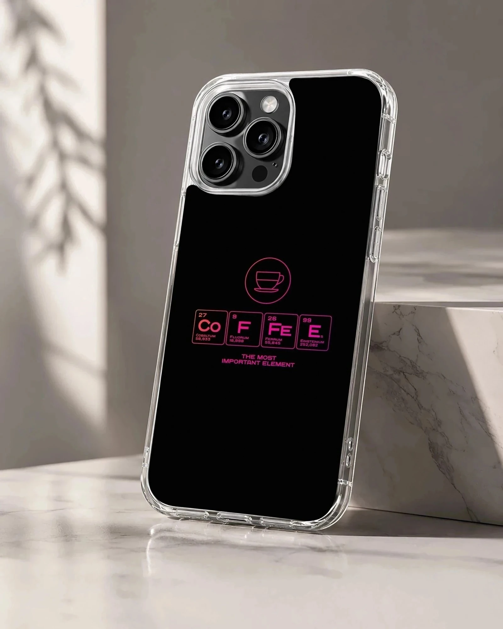 Chemistry Theme phone case featuring periodic table symbols spelling coffee in pink on black