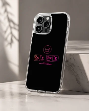 Chemistry Theme phone case featuring periodic table symbols spelling coffee in pink on black — Hero