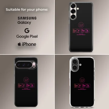 Chemistry Theme phone case featuring periodic table symbols spelling coffee in pink on black — Collage