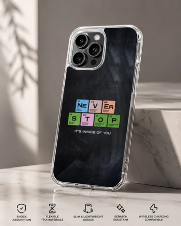Chemistry theme periodic table lettering never stop phone case — Specs
