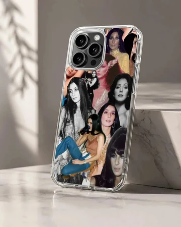 Vintage Cher photo collage phone case featuring iconic portraits and performance shots.