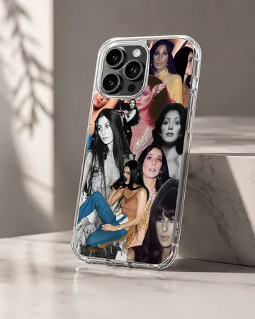 Vintage Cher photo collage phone case featuring iconic portraits and performance shots. — Hero