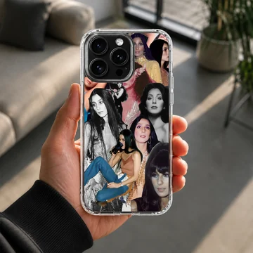 Vintage Cher photo collage phone case featuring iconic portraits and performance shots. — Lifestyle
