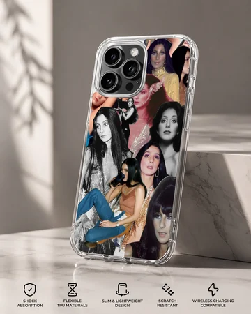 Vintage Cher photo collage phone case featuring iconic portraits and performance shots. — Specs