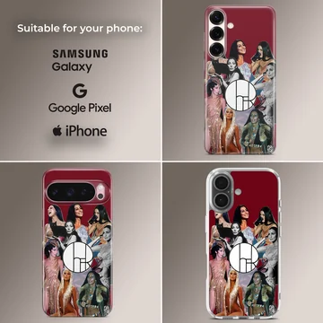Vintage photo collage of music icon Cher in various legendary outfits on a red phone case — Collage